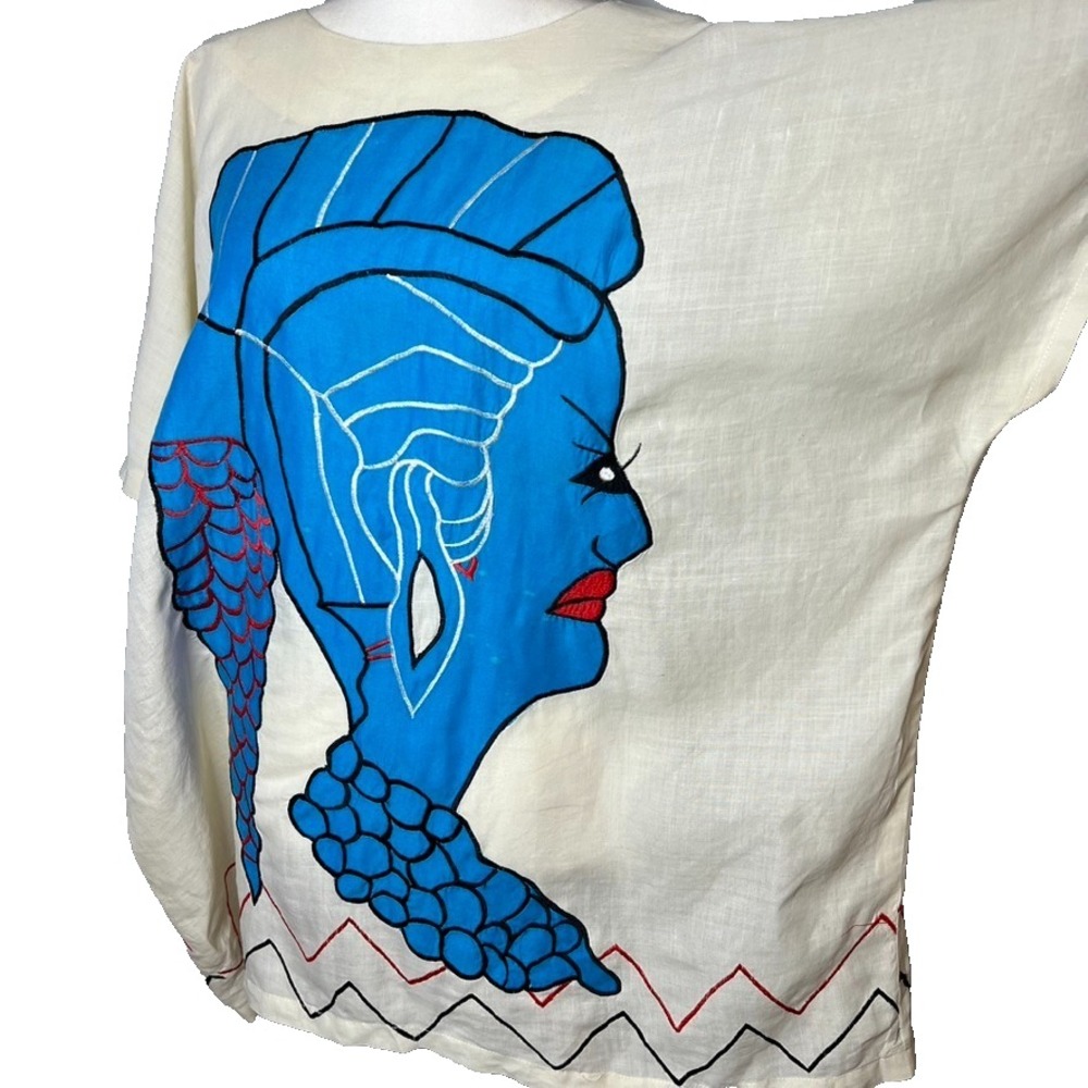 Debikol Exclusive Vtg Tunic L Linen Hand Painted Female Motif Eccentric Art 80's - Picture 2 of 8